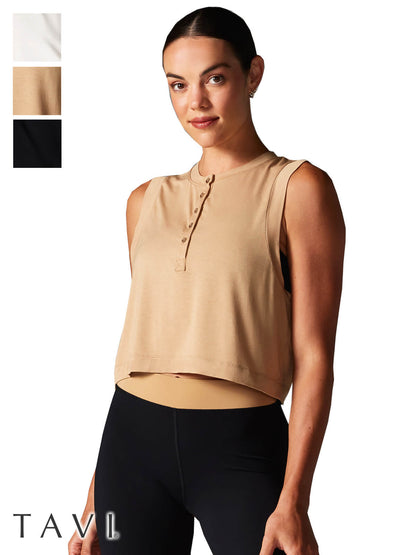 39%OFF[SALE][TAVI] ヘンリーマッスルタンク Henley Muscle Tank／ ヨガ トップス ピラティス クロップド丈 通気性 [EX]