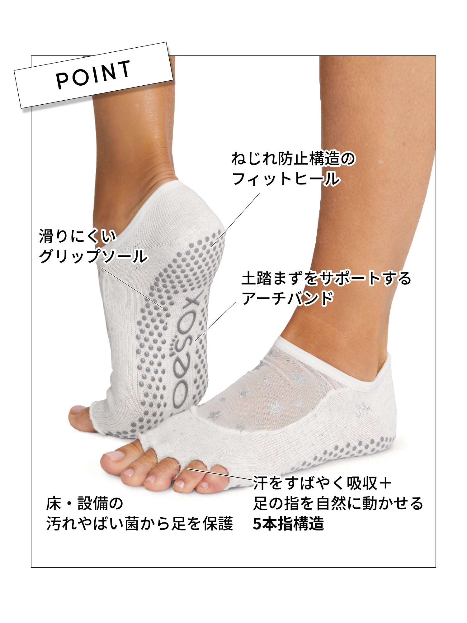 ToeSox] グリップ ソックス 5本指 ルナ（Half-Toe／つま先なし